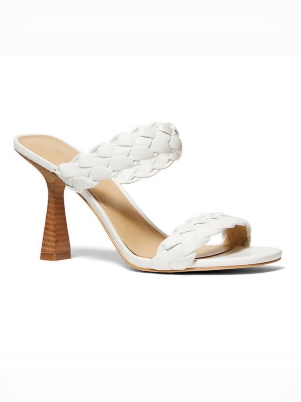 Michael Kors Clara Braided Heeled Sandals White Leather Shoes Mule Slides Sz 6